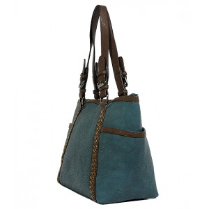 Tote Bag - 2-Side Pockets Leather-like Tote w/ Whipped & Buckled Straps - Blue - BG-MB1714BL